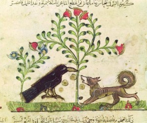 Fabel vom Fuchs und Raben in einer arabischen Illustration